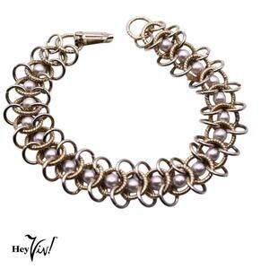 Vintage Chain Bracelet Interwoven w Pearl Beads Elegant Style 7" Long - Hey Viv
